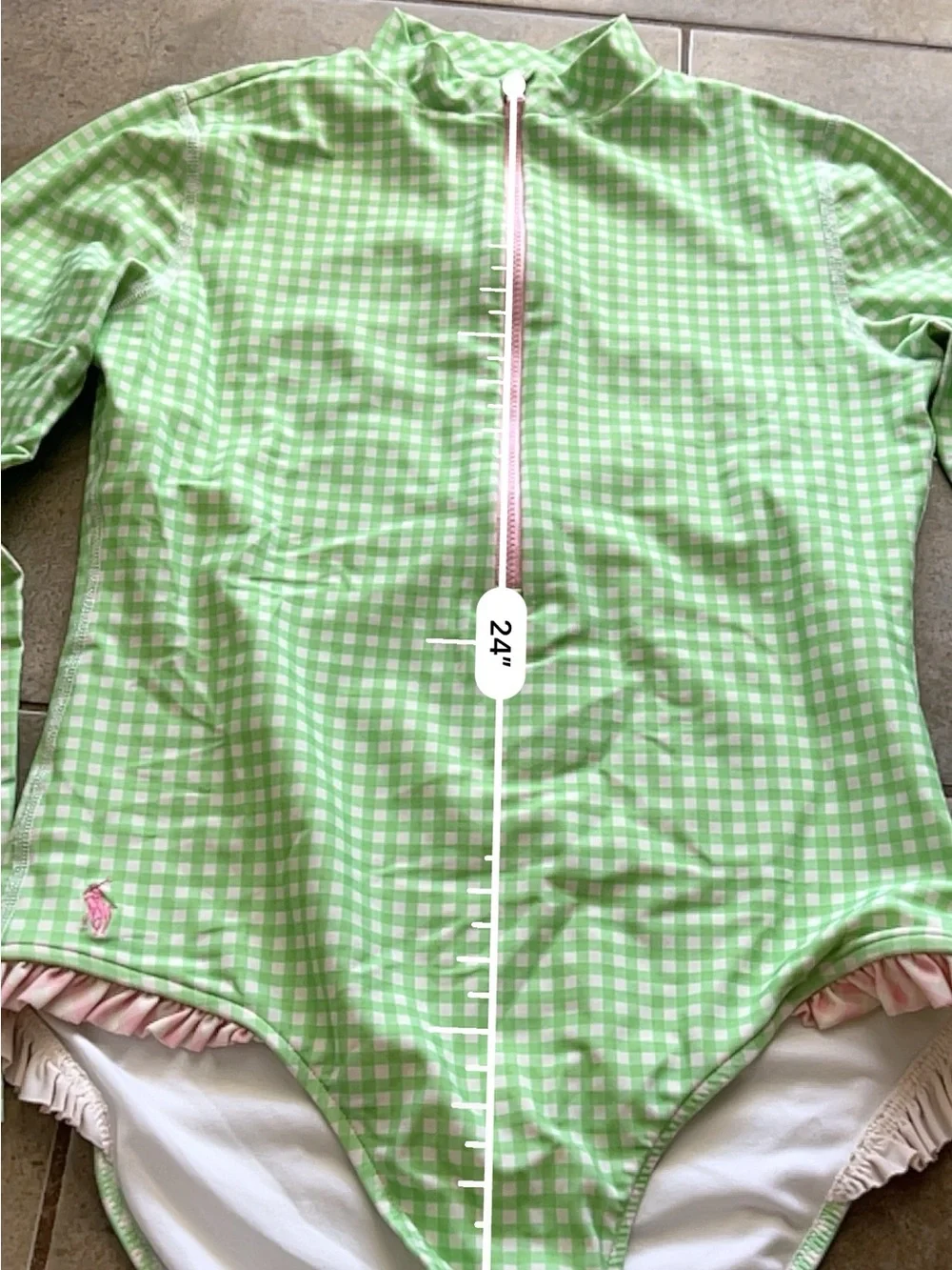 Polo Ralph Lauren Girls Ruffled Gingham Rash-guard Swimsuit 12-14 LRG GREEN/PINK